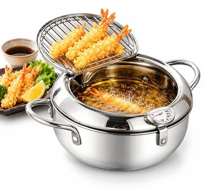 Produktbild von Frittiertopf Edelstahl 24 cm, Edelstahl-Kochtopf mit Thermometer, Tempura Topf für Induktion, Gasherd und Elektroherd
