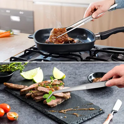 Produktbild von Kochpinzette aus Edelstahl, 2 Stück große Pinzetten, Kochpinzette Küche 30 cm, Edelstahl Küchenpinzette, rostfreies Edelstahl, professionelles Kochpinzette zum Kochen, Wenden beim Grillen, mit Aufhängeloch