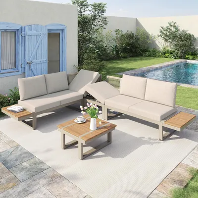 Produktbild von Flieks Gartenlounge-Set Gartenmöbelset 6 Personen mit Neigungsfunktion bis 55 Grad, Balkonmöbelset mit Gartentisch, Gartensofa mit Ablage, Beige