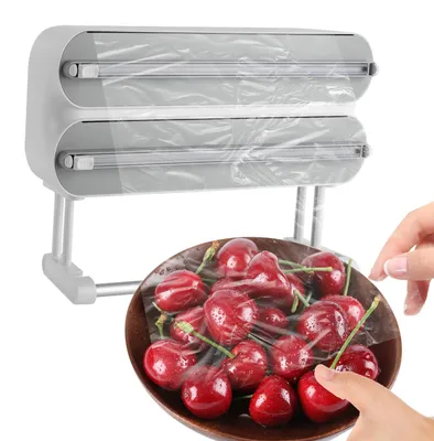 Immagine prodotto di Portarotoli da cucina – Dispenser da parete – Per pellicola trasparente e carta da cucina – Gancio autoadesivo – Materiale: ABS – Colore: Grigio