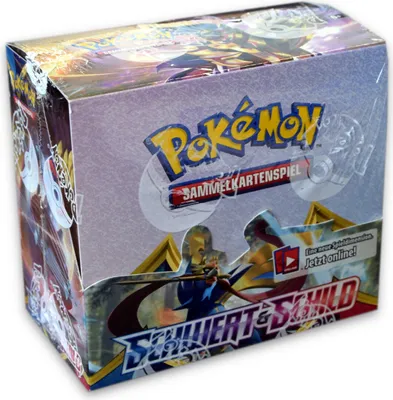 A sealed box of Pokemon trading cards, specifically the "Schwert & Schild" (Sword & Shield) expansion.