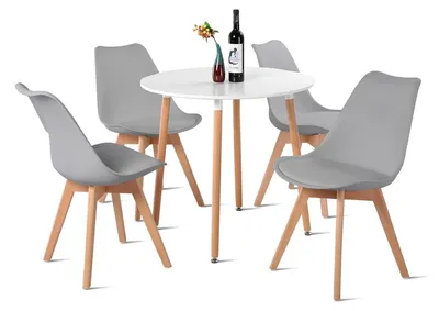 Obrázek produktu pro Jídelní stůl se 4 židlemi, skandinávský styl, kulatý, dřevěný, bílý/šedý