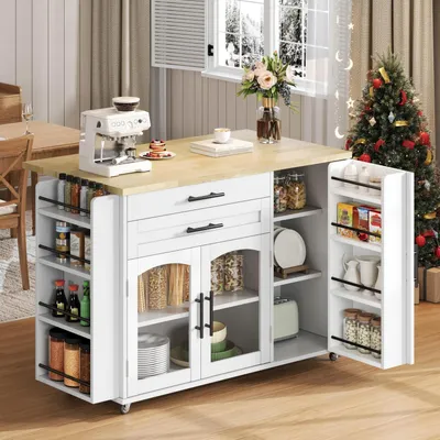 Immagine prodotto di Isola da cucina con piano di lavoro, carrello da cucina autoportante, 5 ruote, ripiano per spezie, cassetto, dimensioni 120x45x90 cm, colore bianco