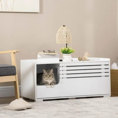 Produktbild von Katzenschrank mit Katzentoilette & 2 Regalen, 2-in-1 Möbel Katzenmöbel, MDF Magnettür, Weiß | 90x48x43,5 cm | 18,28 kg