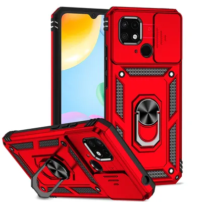 Immagine prodotto di Custodia per Xiaomi Redmi 10C a doppio strato con copertura scorrevole della fotocamera e supporto ad anello rosso