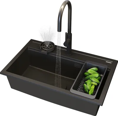 Produktbild von Granitan | Granitspüle ASTI - Schwarz - Einbau mit großer Kommode - Modernes Design & Komfort