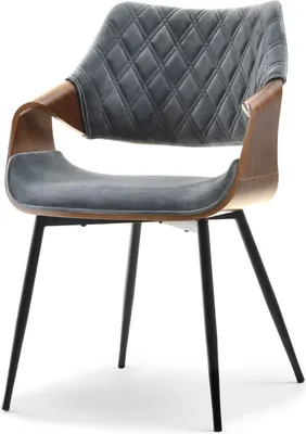 A studio shot of a modern armchair with a walnut frame, gray upholstered seat and back, and black metal legs.