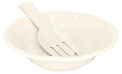 Produktbild von Salatschüssel und Salatbesteck aus cremefarbenem Melamin mit Kordelrand