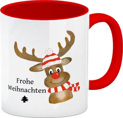 Produktbild von Weihnachten Kaffeebecher Rot mit Rentier und Spruch - Frohe Weihnachten