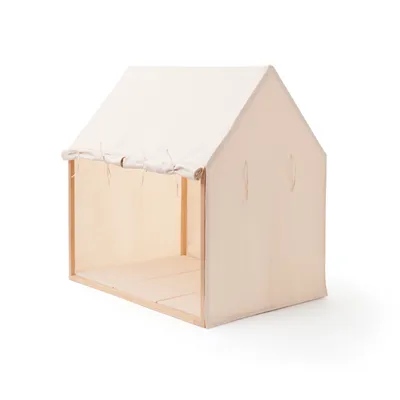 A simple, off-white play tent shaped like a house, made of fabric and wood, set against a white background.