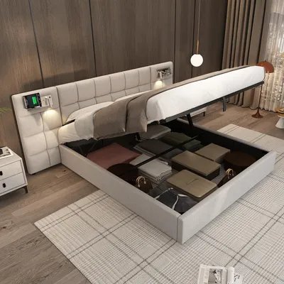 Zdjęcie produktu dla Łóżko tapicerowane 180 x 200 cm, łóżko z podnoszanym materacem, z portem USB i bezprzewodową ładowarką oraz oświetleniem, z pojemnikiem na pościel, dla dorosłych i młodzieży