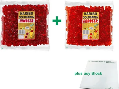 Produktbild von Haribo Goldbären Testpaket Himbeere & Erdbeere (je 1kg sortenrein) + usy Block