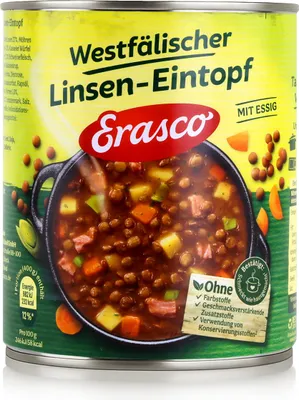 A close-up of a can of Erasco Westfälischer Linsen-Eintopf (Lentil Stew).