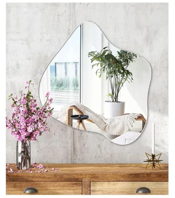 Image de Miroir mural asymétrique, adhésif, en verre HD, dimensions 40 x 42,7 cm, forme irrégulière