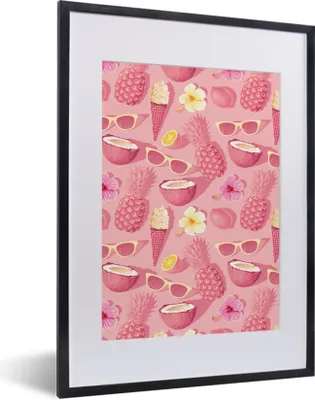 Produktbild von MuchoWow® Gerahmtes Poster Sommer - Muster - Rosa - Pastell 30x40 cm - Poster mit Schwarzem Bilderrahmen Wandposter Rahmen Foto Bilder - Wandposter Schlafzimmer