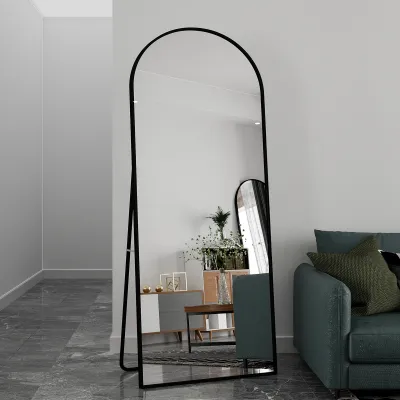 Obrázok produktu pre CDGlobal stojace zrkadlo 180x80cm zrkadlo s plnou dĺžkou čierny hliníkový rám zrkadlo zakrivené toaletné zrkadlo s nevýbušnou okennou fóliou