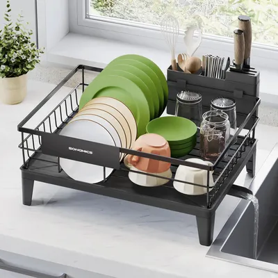 Produktbild von Abtropfgestell - Geschirrabtropfer - 360° drehbarer Ablauf - Ausziehbar - Besteckhalter - 31×42×18,5 cm