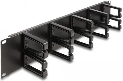 Produktbild von DeLOCK 19″ Kabelmanagement Rangierpanel mit 10 Kunststoffbügel 2 HE schwarz, Kabelmanagementtafel, Metall, Kunststoff, Schwarz