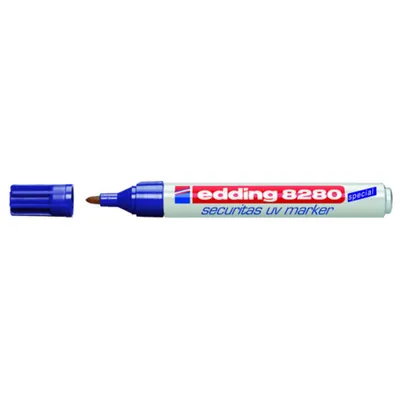 A blue and white Edding UV marker with its cap off, lying on a white background.