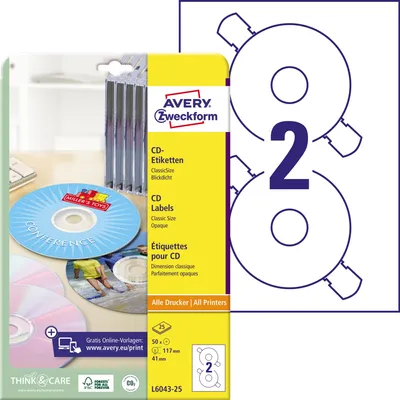 Produktbild von Avery Zweckform L6043-25 CD-Etiketten, Ø 117 mm, 25 Blatt/50 Etiketten, weiß