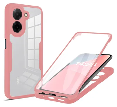 A pink and clear phone case is shown from two angles, one showing the case on its own and the other showing it with a phone inside.