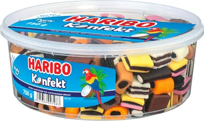 Produktbild von Haribo Lakritz Konfekt leichte süße Komponente Runddose 750g