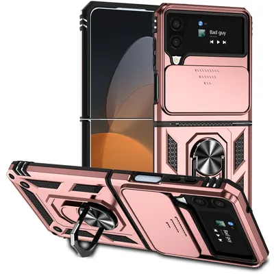 Immagine prodotto di Custodia per Samsung Galaxy Z Filp 4 5G a doppio strato con copertura scorrevole della fotocamera e supporto ad anello Rosa