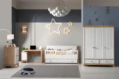 Productafbeelding van Kinderkamer set: bed, garderobe, commode, bureau, wit, 4-delig