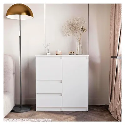 Produktbild von Kommode mit 2 Türen und 2 Schubladen – Stauraum für Schlafzimmer, Wohnzimmer oder Flur | Sideboard Weiß 70 x 35 x 74,5 cm