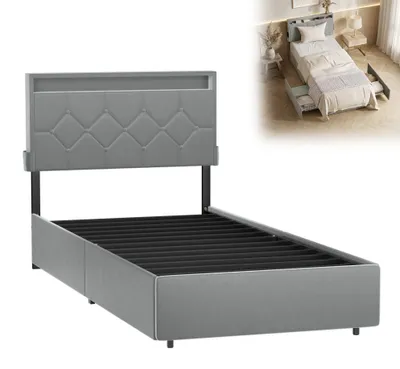 Produktbild von XMTECH Polsterbett 90x200 cm mit Ladefunktion, Bett mit 2 Schubladen, Velours Bett mit stauraum & gepolstertem, Jugendbett, Stauraumbett Hellgrau