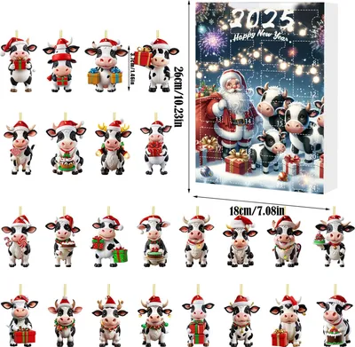 Produktbild von Kuh-Adventskalender 2025, 24 Tage, Weihnachts-Countdown-Kalender mit 2D-Acryl-Hochlandkuh-Hängeornamenten, süßer Kuh-Weihnachtsbaumanhänger