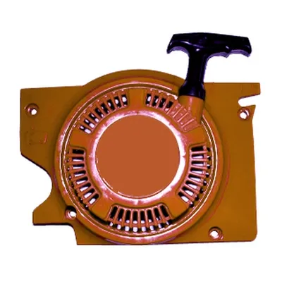 A close-up studio shot of a starter recoil assembly for a chainsaw.