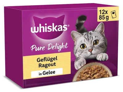 Produktbild von WHISKAS PURE DELIGHT Nassfutter in Gelee 12 x 85g Geflügel Ragout (4 Packungen)