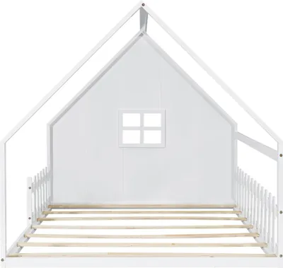 A white house-shaped bed frame with a window and a picket fence detail.