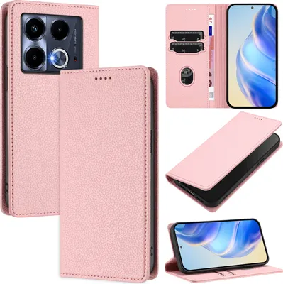 Produktbild von Litchi Leder Handyhülle für Infinix Note 40 5G Wallet Kartenfächer Standfunktion Hülle Pink
