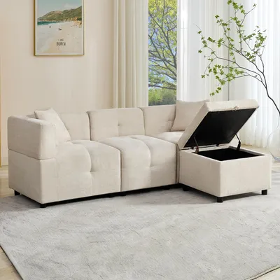 Immagine prodotto di Divano angolare Merax, divano a 3 posti con funzione letto, box letto, divano da salotto a L con 2 cuscini, set di divani, ciniglia, beige