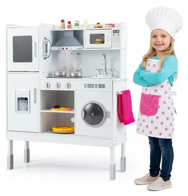 Immagine prodotto di Cucina giocattolo regolabile in altezza per bambini, con luci e suoni. Cucina giocattolo in legno con accessori. Cucina giocattolo per bambini con lavello, fornello e forno. Cucina in legno, grande, color bianco