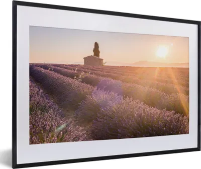 Produktbild von MuchoWow® MuchoWow® Gerahmtes Poster Sonnenaufgang über einem Lavendelfeld 60x40 cm - Poster mit zchwarzem Bilderrahmen - Schlafzimmer - Plakat in Rahmen - Drucken