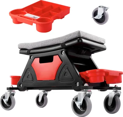 Zdjęcie produktu dla Taboret mechaniczny SucceBuy, siedzisko na kółkach o nośności 136 kg, kółka 10,2 cm, 3 półki na narzędzia i szuflada, solidny taboret do garażu, majsterkowania, samochodu