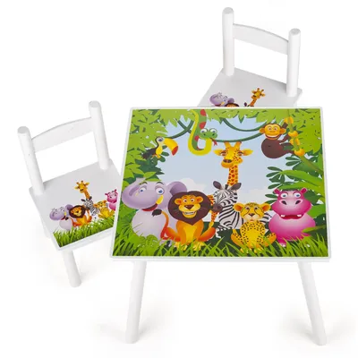 Image de Table avec 2 chaises en bois, motif jungle