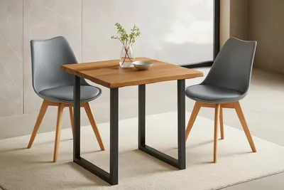 Produktbild von Essgruppe 3tlg. 80 x 80 cm Holz Wildeiche-Optik 2x Schalenstühle Grau U-Gestell Schwarz JOSY