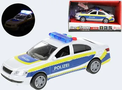 Produktbild von Toi-Toys Spielzeug - Polizeiauto mit Sound, Licht und Effekte. Modellauto inkl. Batterien und Friktion - Polizeiwagen mit DREI Funktionen und Schwungrad.