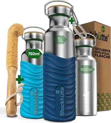 Produktbild von Blockhütte Edelstahl Trinkflasche 750ml I Wasserflasche Kohlensäure geeignet I Auslaufsicher, BPA-Frei Metall Thermosflasche mit Silikonmantel I