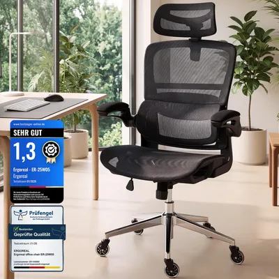 Productafbeelding van Ergonomische bureaustoel, draagvermogen 150 kg, verstelbare armleuningen, dynamische lendensteun, kantelfunctie, mesh-materiaal, geschikt voor thuiswerken en gaming, kleur: zwart