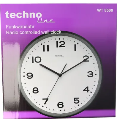 A radio-controlled wall clock is shown on its packaging.