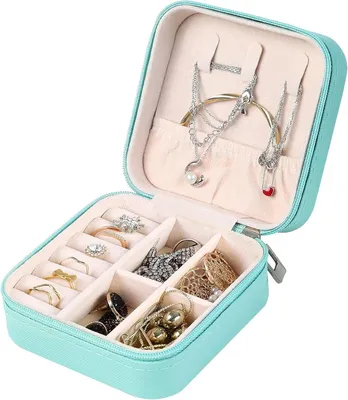 Image de Boîte à bijoux compacte - Boîte de rangement pour bijoux - Idéale pour les voyages et le rangement - Double compartiment - Format compact - Couleur bleue