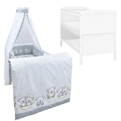Produktbild von Baby-Delux Babybett Kinderbett Natalie Umbaubar 140x70 Weiß Beißschienen Bettset Komplett mit Motiv Teddy Mond Grau