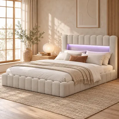 Productafbeelding van BPKADHY Boxspringbed 180x200 cm, beige, met opbergruimte, LED-verlichting, USB-poorten en lattenbodem, gasveren, stof met linnenlook, zonder matras