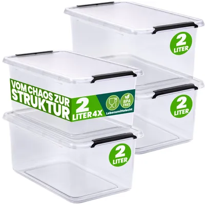 Produktbild von DEUBA® 4x Aufbewahrungsbox mit Deckel 2L Box Kunststoff Kisten lebensmittelecht BPA frei klein Klickverschluss transparent stapelbar Küche Schlafzimmer