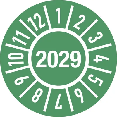Produktbild von Dreifke® Prüfplakette Jahr 2029 mit Monaten, Folie, Ø 30 mm, 10 Stück/Bogen